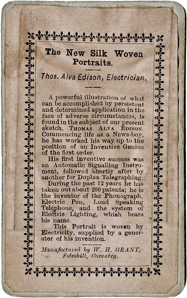 view of printed reverse of this portrait of Thomas Edison