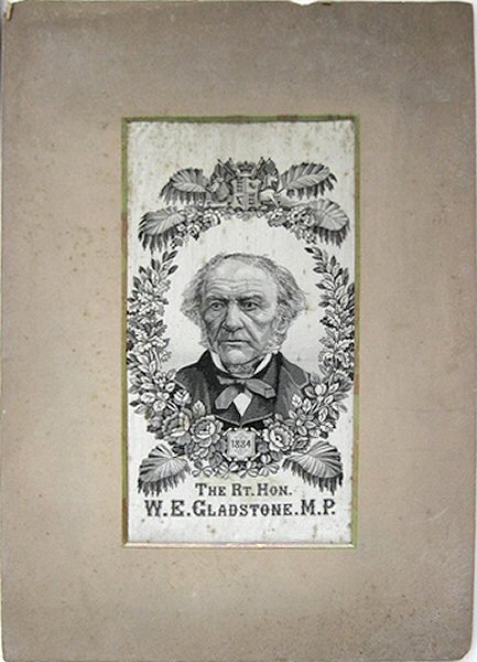black and white portrait of W.E. Gladstone, with woven date of 1884