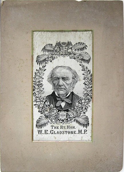 black and white portrait of W.E. Gladstone, with woven date of 1884