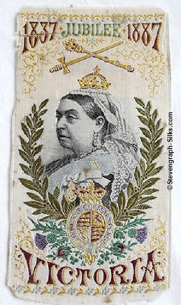 Portrait of Queen Victoria, with Royal Arms woven below portrait and Emblems of State above