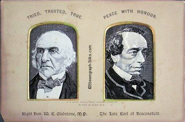 Portraits of Gladstone looking left and Beaconsfield looking right, mounted in same card frame