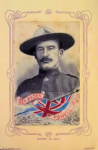 Postcard of General Baden Powell, with title woven on ribbon