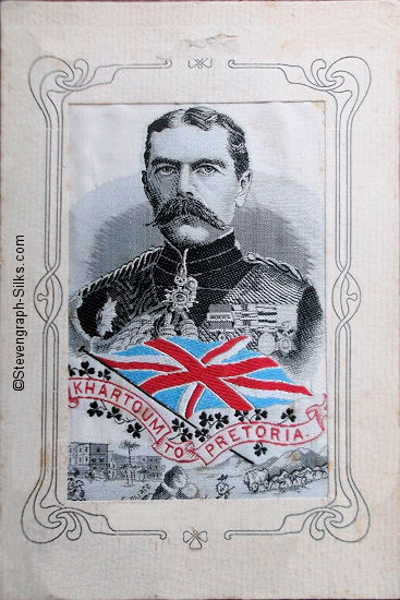 Colour portrait of Lord Kitchener, with words on ribbon - Khartoum to Pretoria