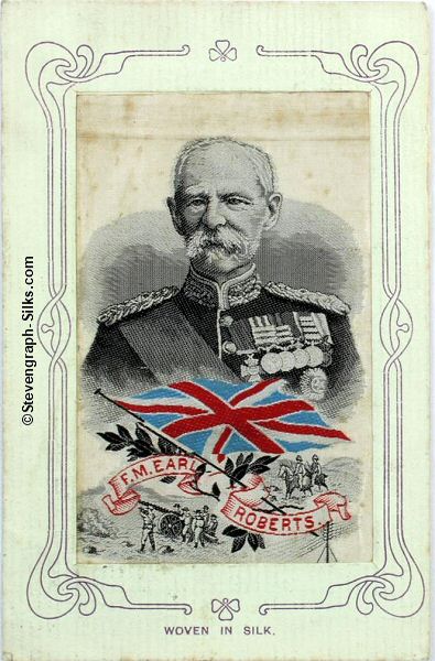 Silk postcard with portrait of Field Marshall Earl Roberts, and name woven on silk