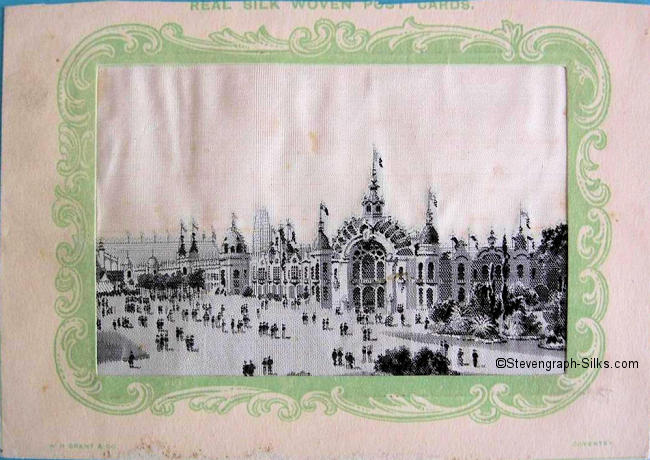 Black and white silk image of Exhibition building, and view of the Champ de Mar, with no title