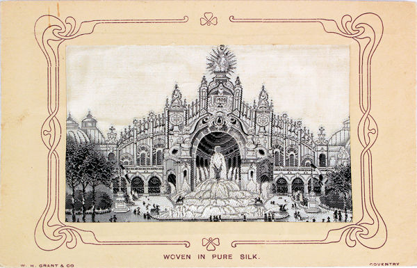 Black and white silk image of Exhibition building, with a fountain in front, with no title