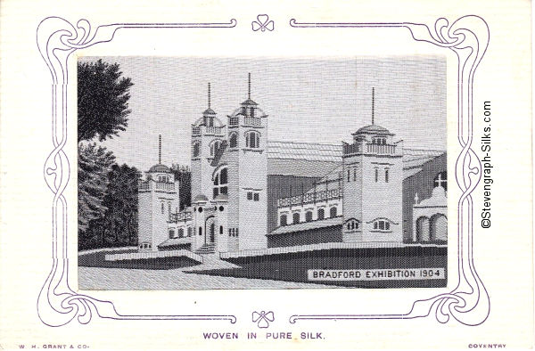 Black and white silk image of Exhibition building, with no flags on flagpoles