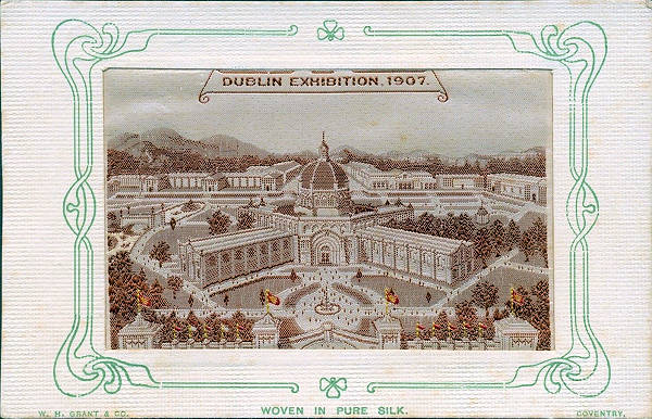 Postcard of Dublin Exhibition buildings, with fountain in main entrance