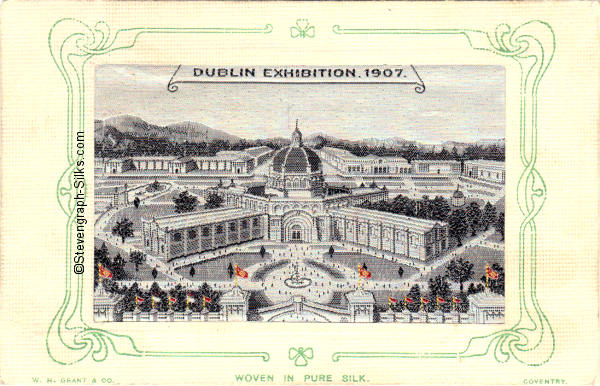 Postcard of Dublin Exhibition buildings, with fountain in main entrance