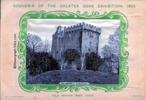 silk postcards with title words and image of Blarney Castle