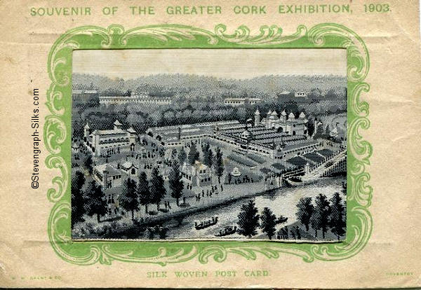 silk postcards with title words and image of the exhibition buildings