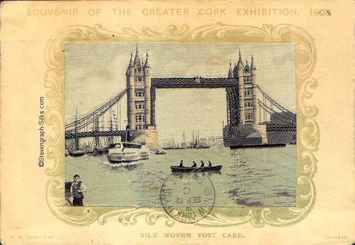 silk postcards with title words and image of Tower Bridge, London