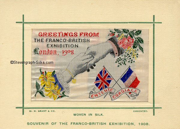 image of woman's and hand's shaking hands, with title words woven on silk