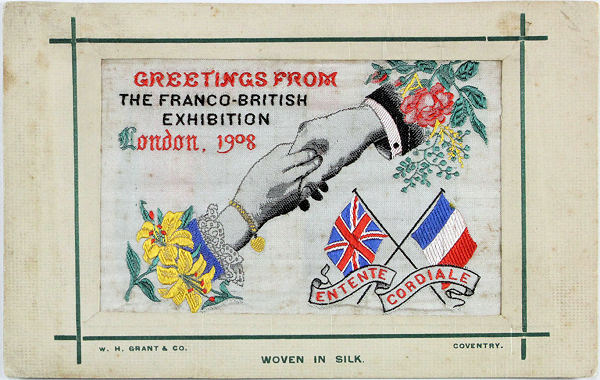 image of woman's and hand's shaking hands, with title words woven on silk