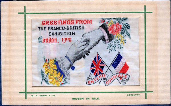 image of woman's and hand's shaking hands, with title words woven on silk