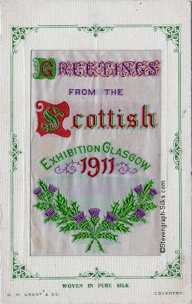 Silk postcard with words and image of Scottish thistles