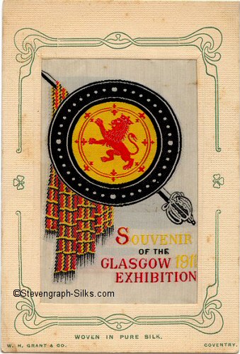 Silk postcard with Scottish shield and claymore, with title words