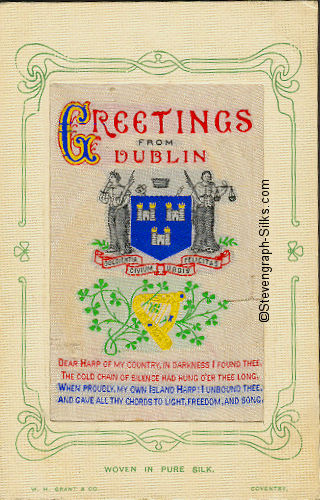 Colour image of Dubin Coat of Arms, Irish harp and words