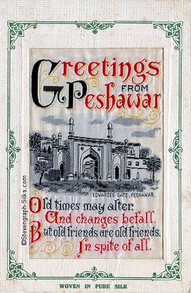 Colour image of Edwardes Gate, Peshawar, India, with words