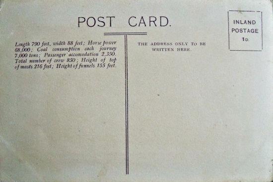 view of reverse of this postcard, showing the printed details of the ship