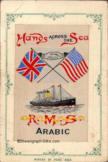 Colour image of crossed British and American flags, image of ship and RMS Arabic name