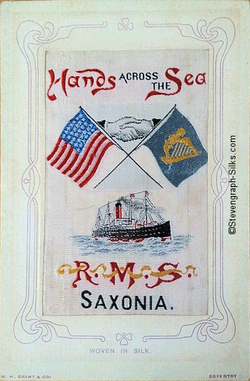 Colour image of crossed American and Irish flags, image of ship and RMS Saxonia name