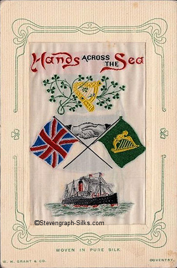 Colour image of Irish harp, shamrock, man's and woman's hands shaking, British and Irish flags and un-named ship