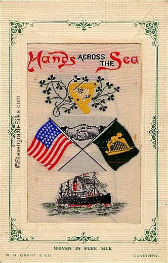 Colour image of Irish harp, shamrock, two hands shaking, American and Irish flags and un-named ship