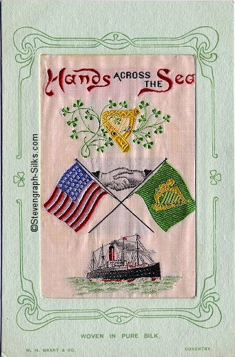Colour image of Irish harp, shamrock, two hands shaking, American and Irish flags and un-named ship