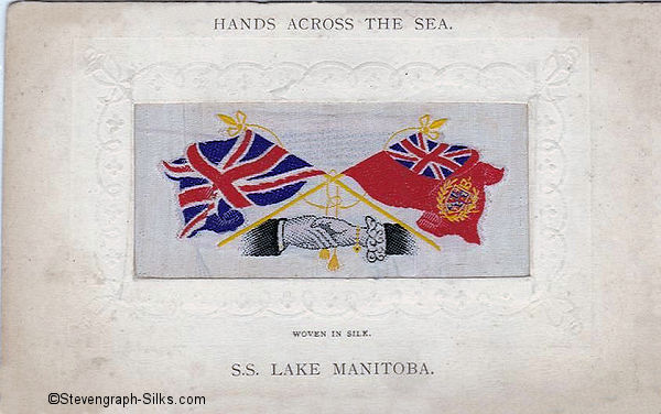 woven image of British and Canadian flags, with Hands Across the Sea printed above silk, and ships name printed below silk