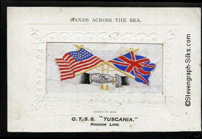 woven image of USA and British flags, with Hands Across the Sea printed above silk, and ships name printed below silk