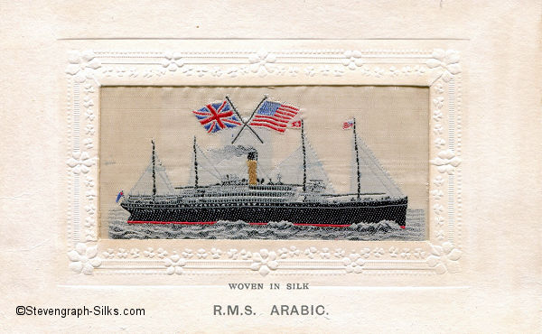 woven image of ship, with small flags above and ships name printed below silk