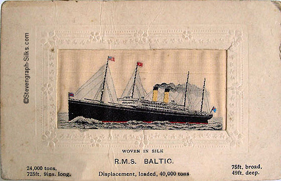 woven image of ship, with small flags on masts and ships name printed below silk