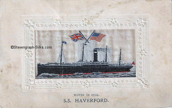 woven image of ship, with small flags above and ships name printed below silk