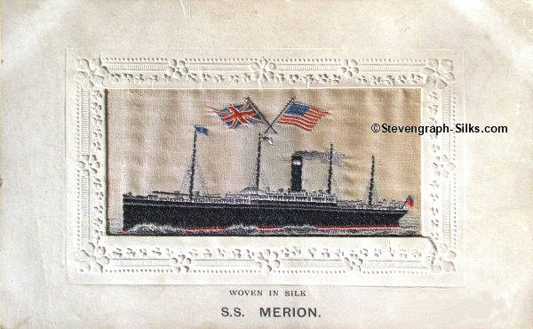 woven image of ship, with small flags above and ships name printed below silk