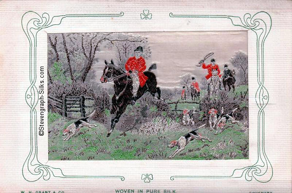 Image of red coated hunters and hounds chasing a fox