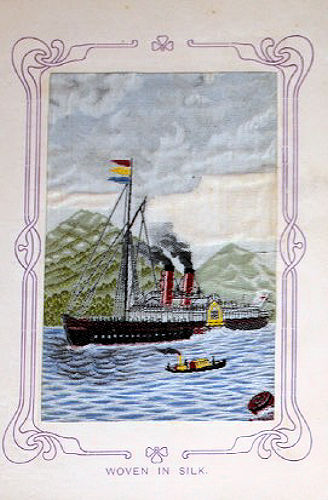 image of paddle steamer with two red funnels, and smaller steam boat in foreground