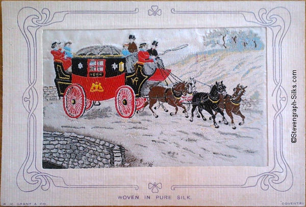 Colour image of Stage Coach pulled by four horses, but with no woven title