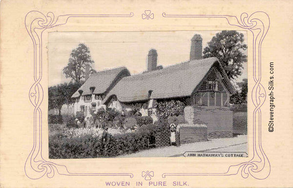 image of thatched cottage woven in black and white silk