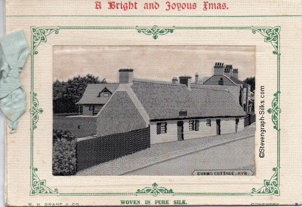 front cover of Grant 1911 Christmas card, with woven silk picture of Burn's Cottage, and printed words " A Bright and Joyous Xmas "