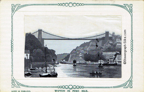 Black and white silk of the Clifton Suspension Bridge at Bristol.
