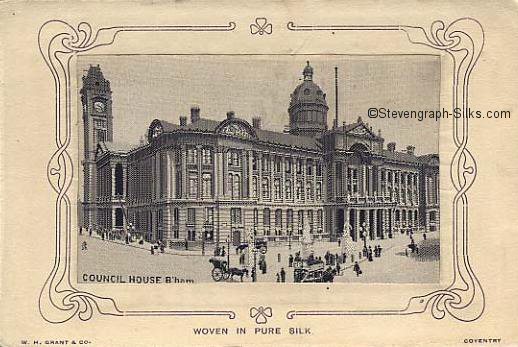 Black and white image of Birmingham Council offices and busy street