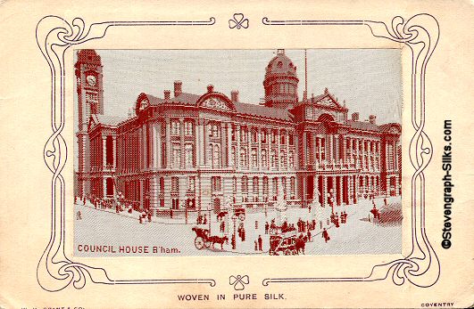 copper coloured image of Birmingham Council offices and busy street