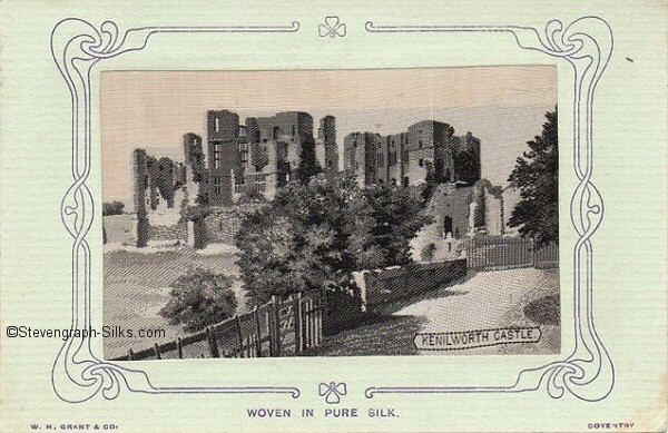 Postcard of Kenilworth Castle woven in black and white silk, but with no woven registration number