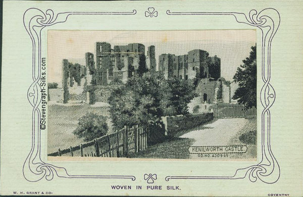 Postcard of Kenilworth Castle woven in black and white silk