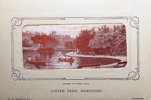 same image of boating lake in Lister Park, Bradford, but woven in copper coloured silk