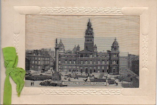 front cover of Grant undated Christmas card, with woven silk picture of Municipal Buildings, Glasgow