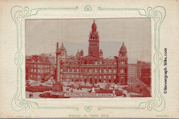 copper coloured silk in postcard frame, showing a view of the Municipal Buildings in Glasgow