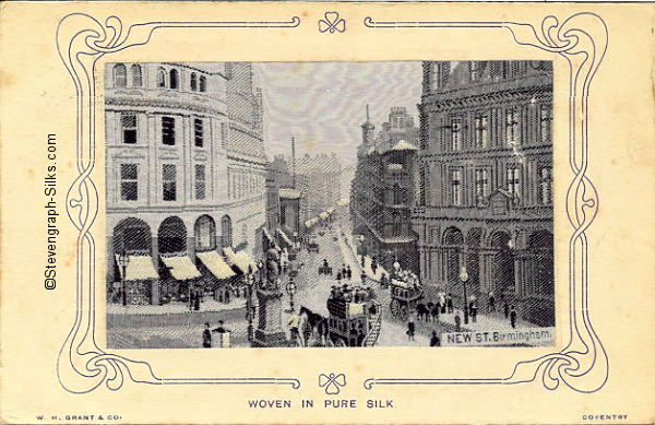 Silk postcard woven in black and white silk, of Birmingham street scene