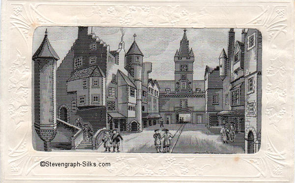 black & white silk image of an Old Edinburgh Street, mounted in a continental card mount